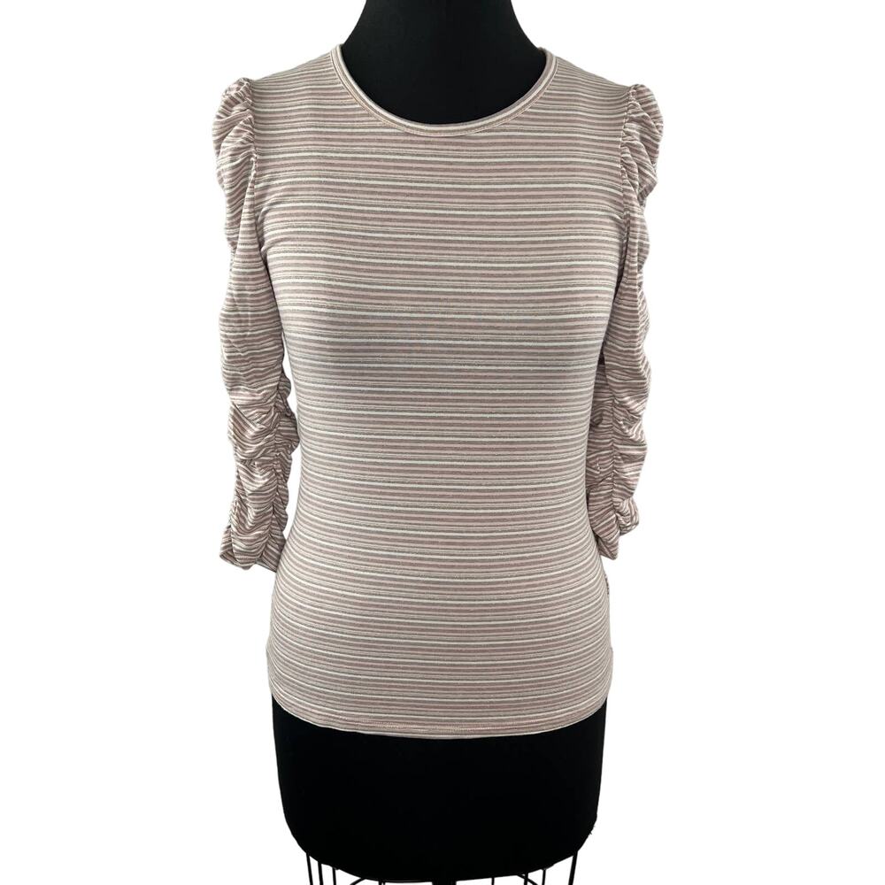 Bailey 44 Pink Metallic Inna Stripe Ruched 3/4 Sleeve Roundneck Top Shirt USA S
